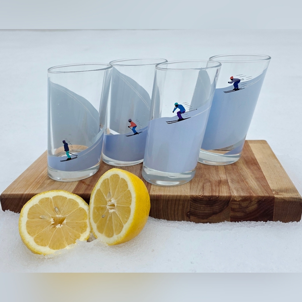Set of 4 Skiing Shot Glasses with Winter Slope Design